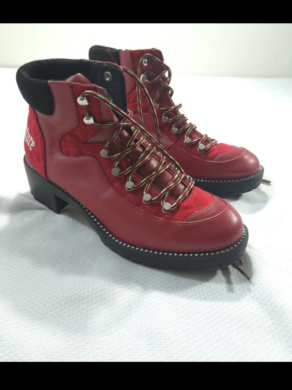 Juicy Couture Red Lace-Up Leather Hiking Boots with Studded Sole